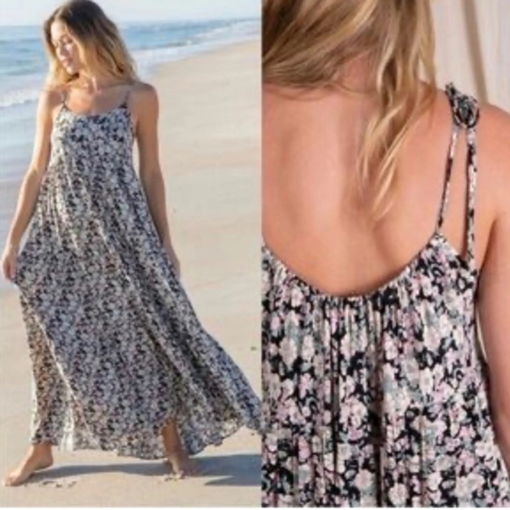 Natural Life Creme Pink Black Floral Cami Maxi Dress Sz M